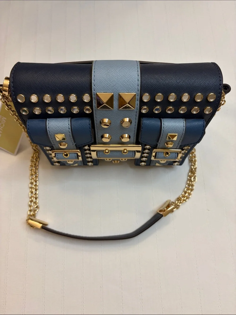 Michael Kors Navy and Light Blue Studded Shoulder Bag with Gold Chain